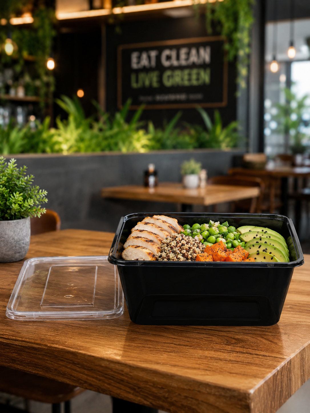 Black PP Microwavable Plastic Containers with Lids (500/1000g)  2 