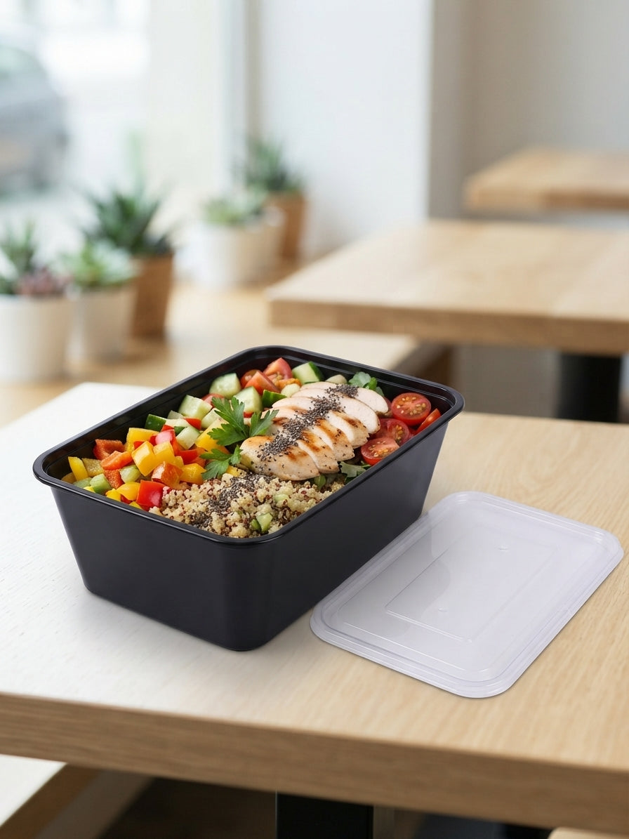 Black PP Microwavable Plastic Containers with Lids (500/1000g)