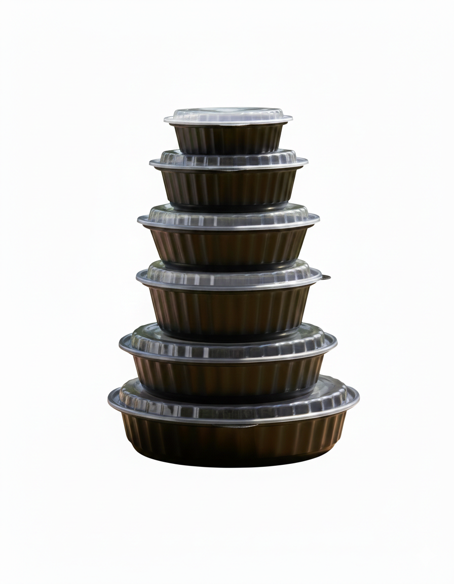 Black PP Round Microwavable Containers with Lids 
علب بلاستيك مايكرويف دائرية سوداء مع أغطية 
