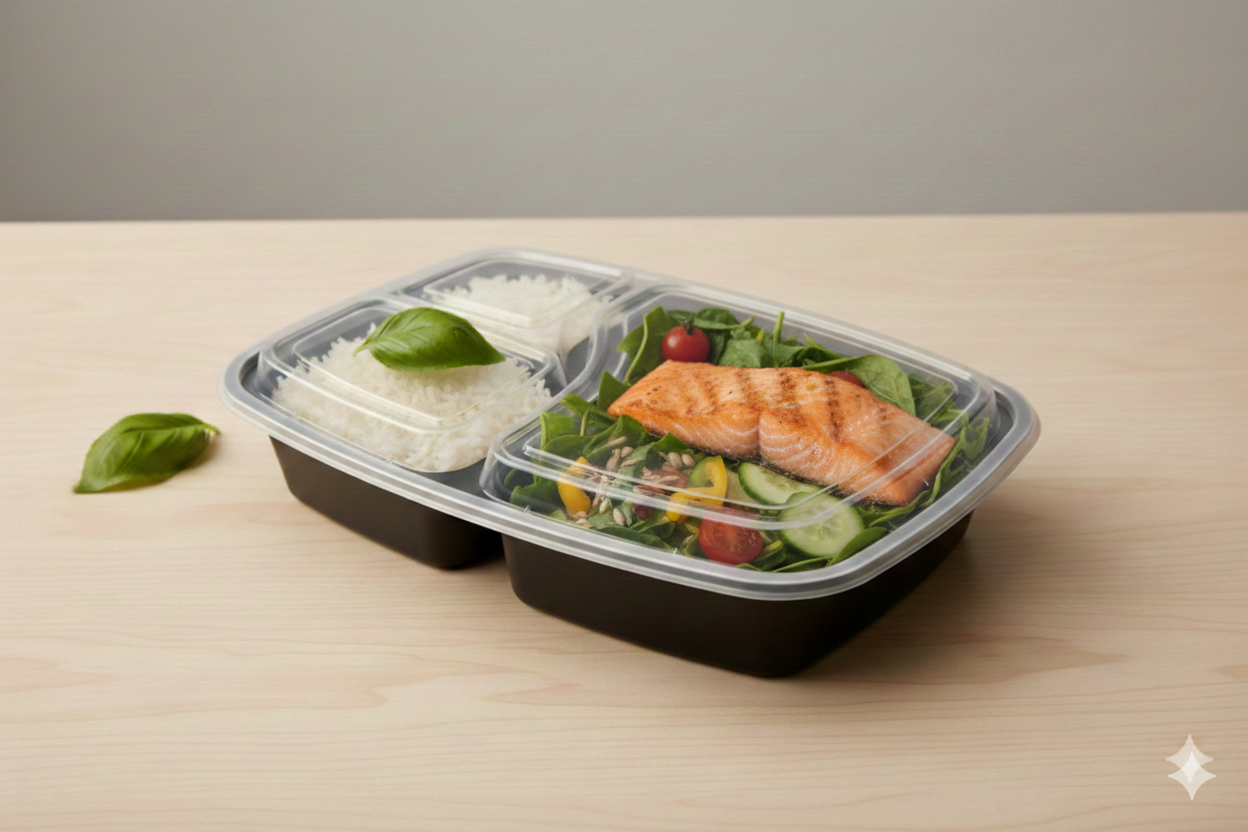 Black 3-Compartment  PP Rectangle Container with Lids 38oz