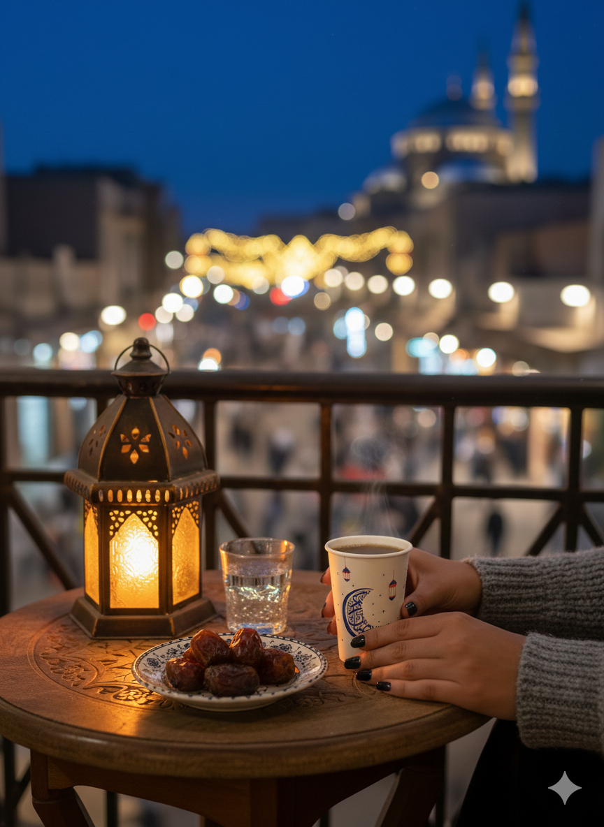أكواب ورقية بيضاء مطبوعة لرمضان، طولها 12 أونصة