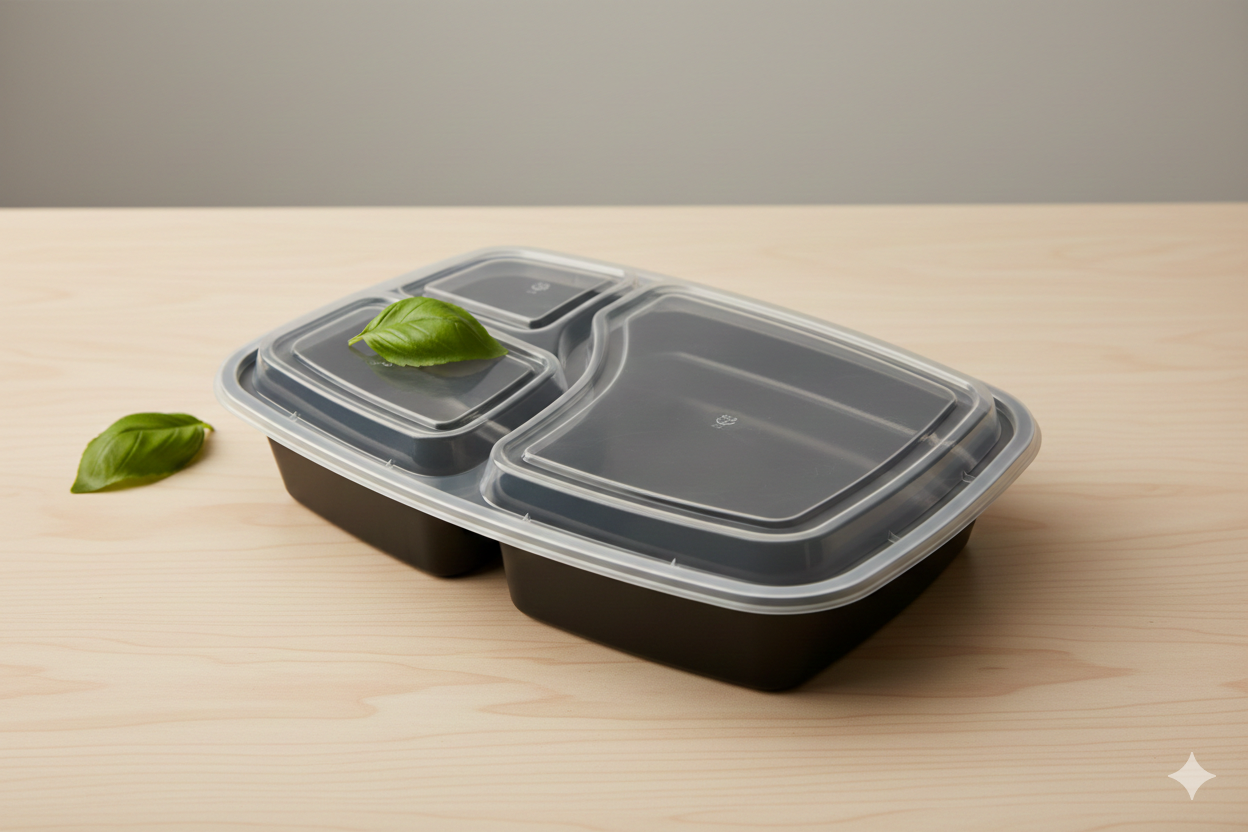 Black 3-Compartment  PP Rectangle Container with Lids 38oz