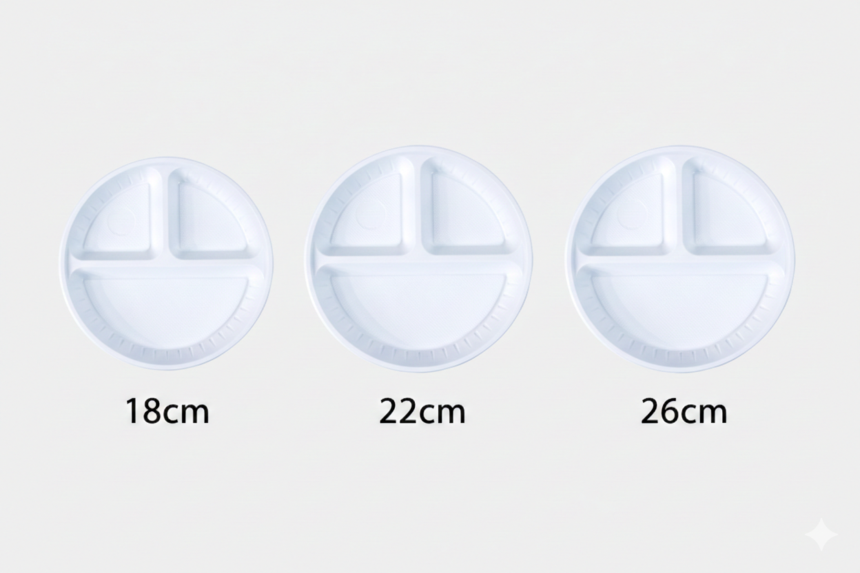 White Round 3-Partition Plastic Plates 18/22/16cm