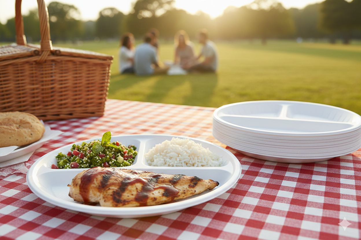 White Round 3-Partition Plastic Plates 18/22/16cm