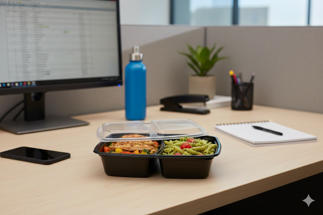 Black 2-Compartment PP Rectangle Containers with Lids 32oz