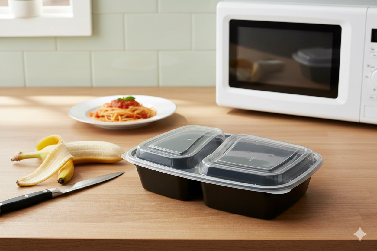 Black 2-Compartment PP Rectangle Containers with Lids 32oz