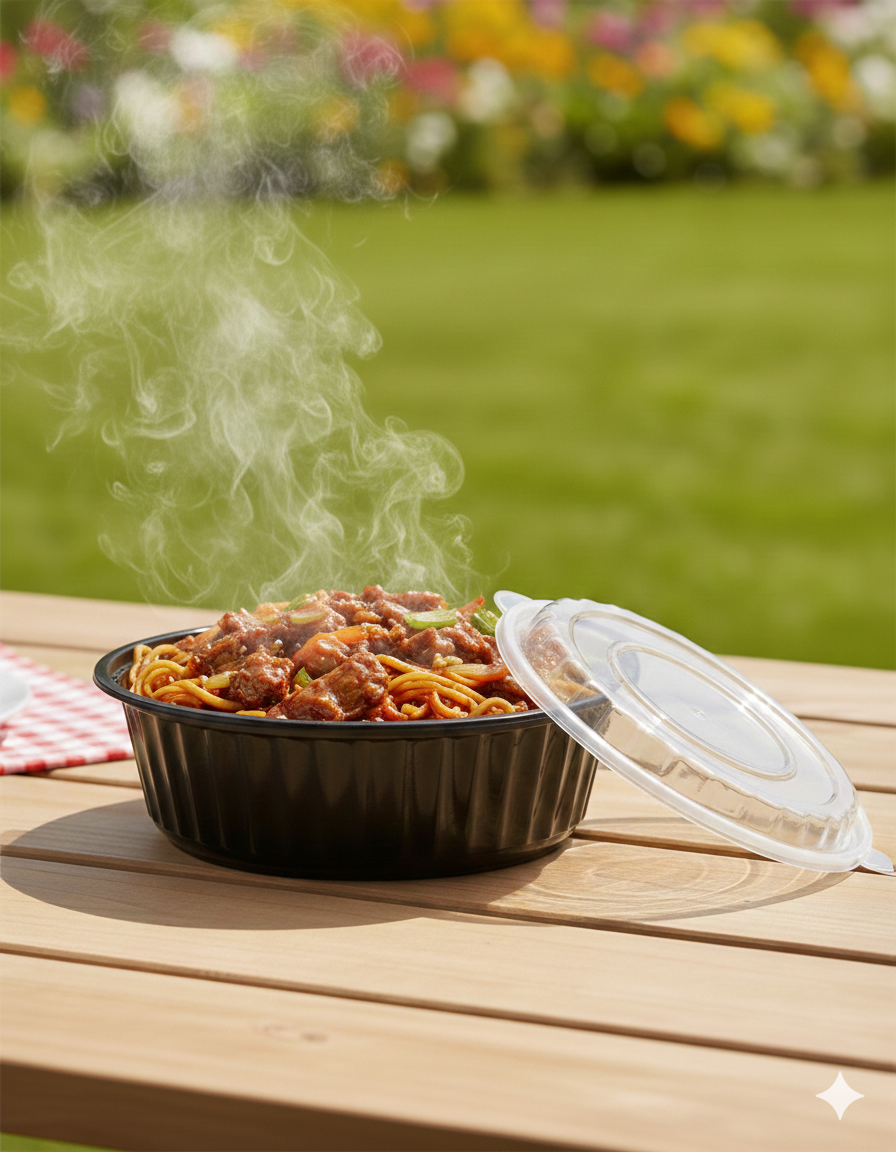 Black PP Round Microwavable Container with Lid 750g