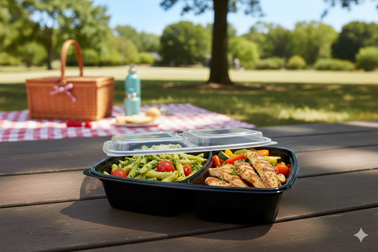 Black 2-Compartment PP Rectangle Containers with Lids 32oz