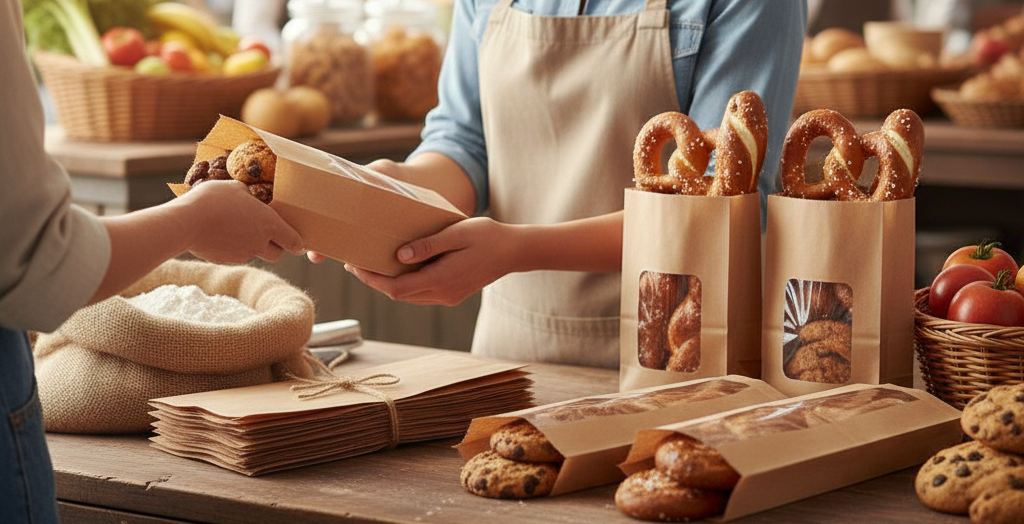 أكياس ورقية بنية اللون مزودة بنافذة (مقاسان)