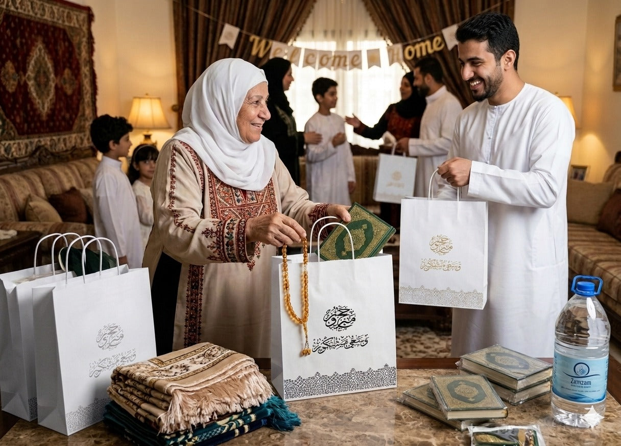 أكياس ورقية أبيض مطبوعة للحج: حجاً مبروراً وسعياً مشكوراً