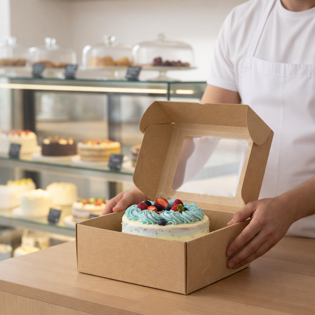 Kraft Paper Cake Boxes with Windows 20*20*10 CM - علب كرتون كيك بني مع شباك 20*20*10 سم