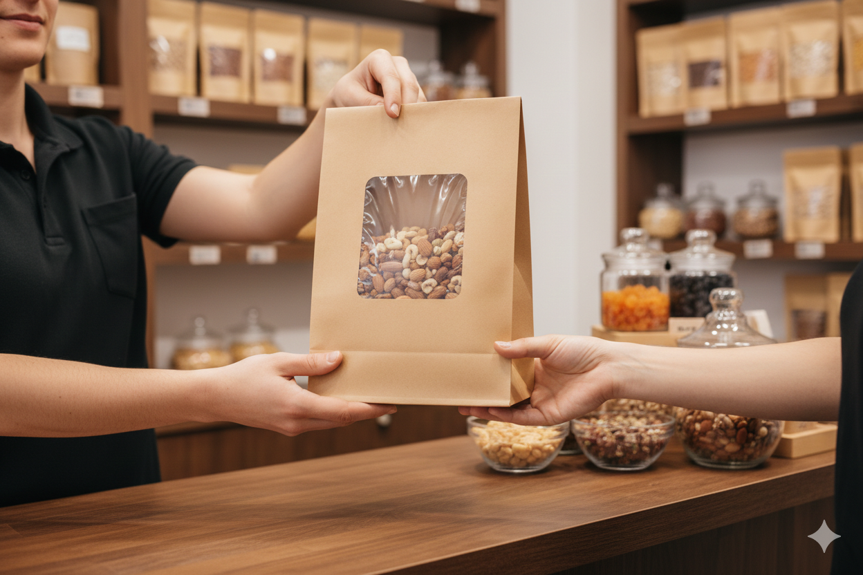 Kraft Paper Pouches with Window (1000g) - كيس كرتون بني سادة مع شباك   1000 غم - 1