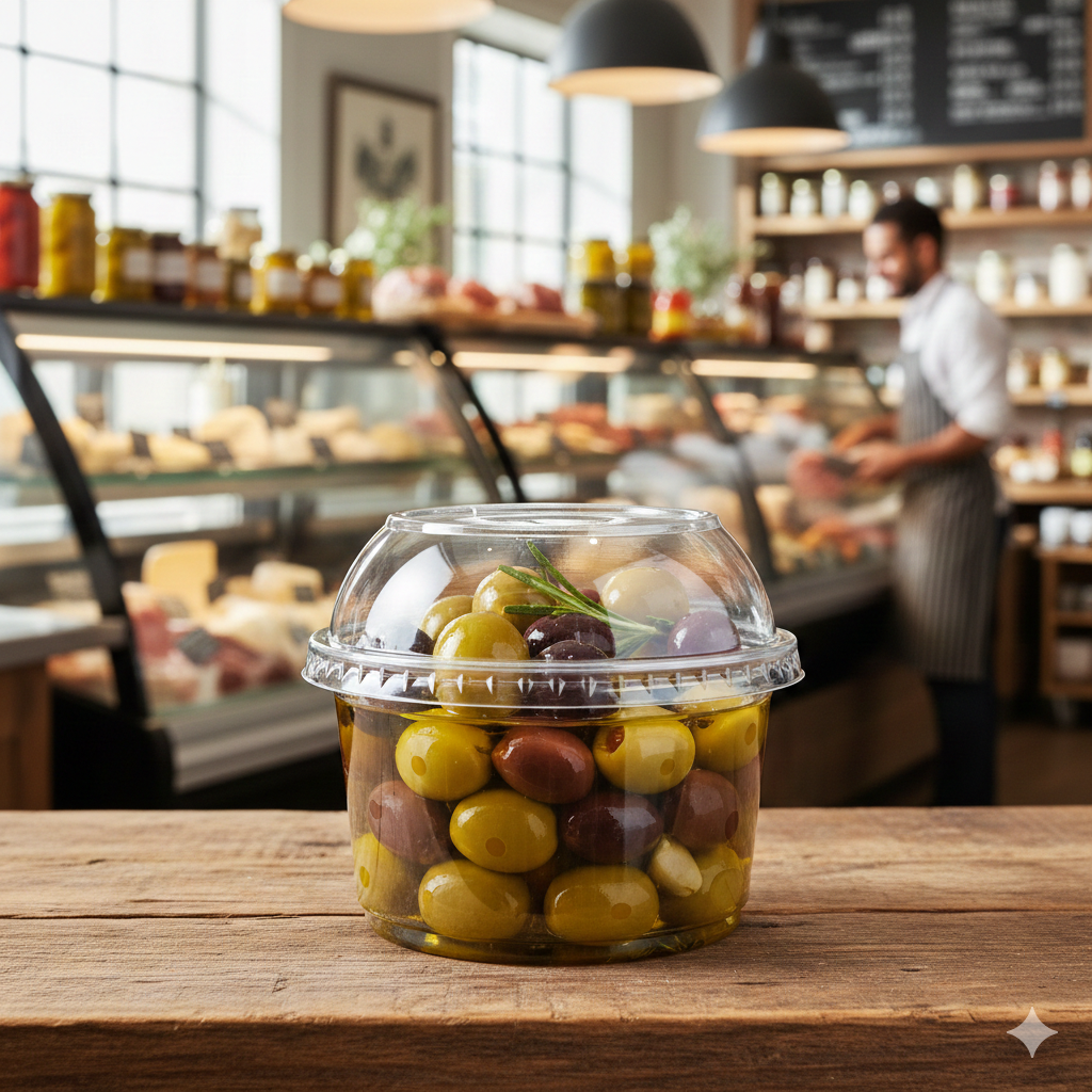 غطاء هرمي بلاستيكي لعلب بلاستيكية دائرية (DELI) 8/12/16/24/32 أونص 
PET Plastic Deli Dome Lid