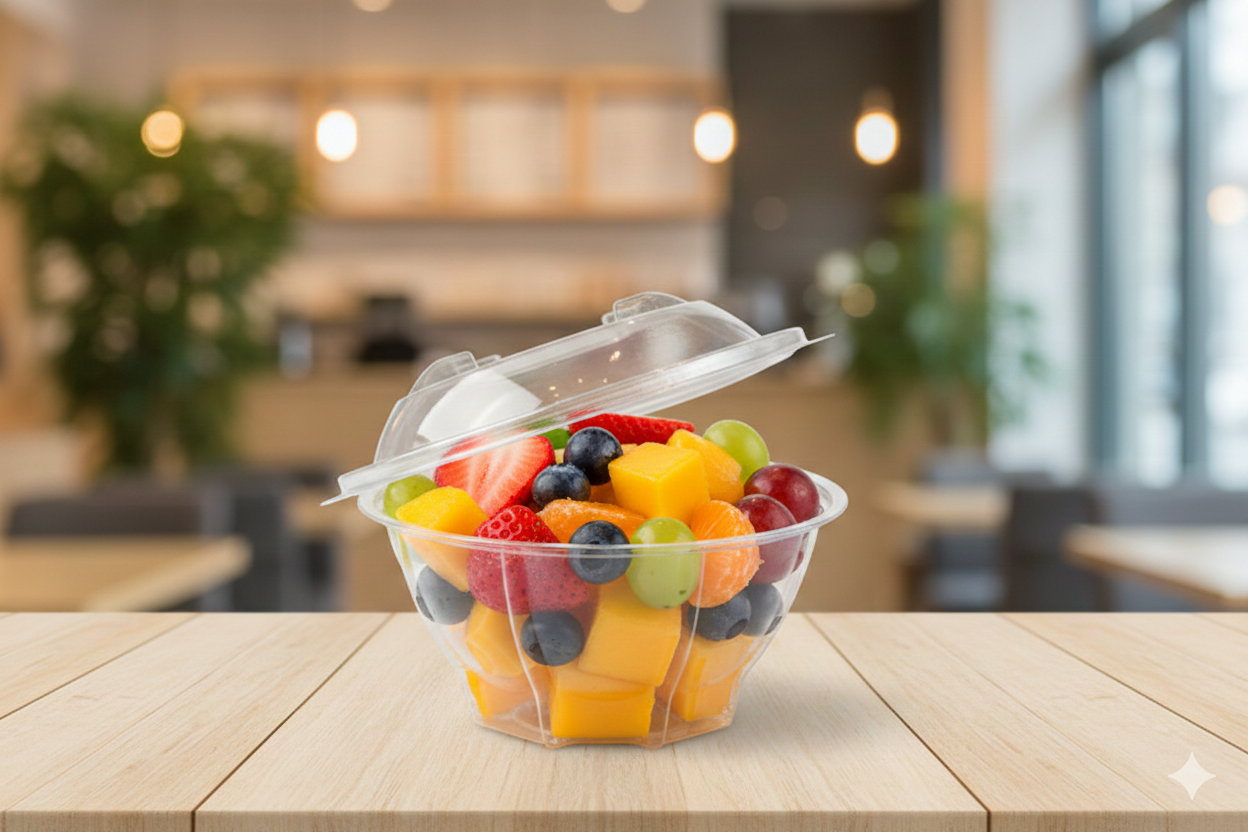 علب بلاستيك شفاف دائري مع غطاء متصل 370cc(ARZ980)
Plastic PET Round Salad Hinged Containers 370cc (ARZ980)