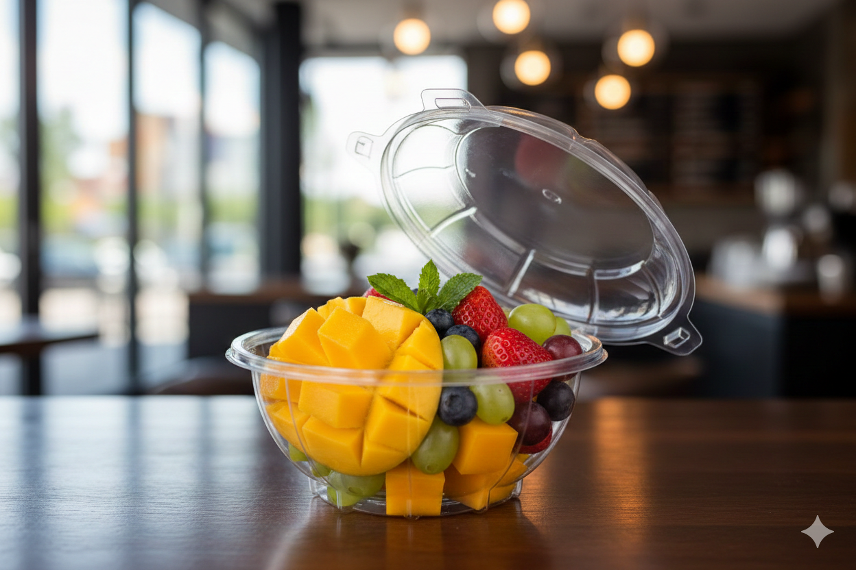 علب بلاستيك شفاف دائري مع غطاء متصل ARZ982)  600cc)
Plastic PET Round Salad Hinged Containers 600cc (ARZ982)