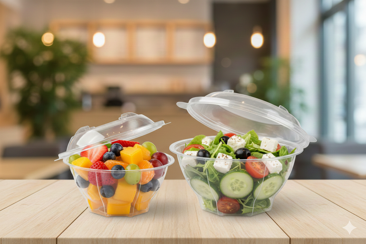 علب بلاستيك شفاف دائري مع غطاء متصل 370cc(ARZ980)
Plastic PET Round Salad Hinged Containers 370cc (ARZ980)