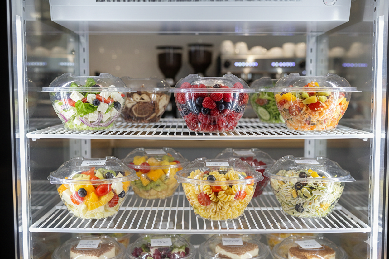 علب بلاستيك شفاف دائري مع غطاء متصل 370cc(ARZ980)
Plastic PET Round Salad Hinged Containers 370cc (ARZ980)