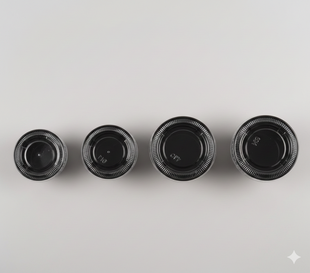 أغطية شفافة  (PET) لعلب الصوص 1/2/3.25/4 أونص
Plastic PET Clear Lids for Sauce Container 1/2/3.25/4oz