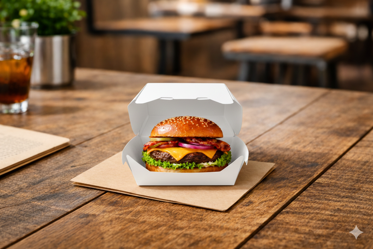 علب برجر بيضاء على شكل صدفة المحار (صغير، متوسط، كبير)