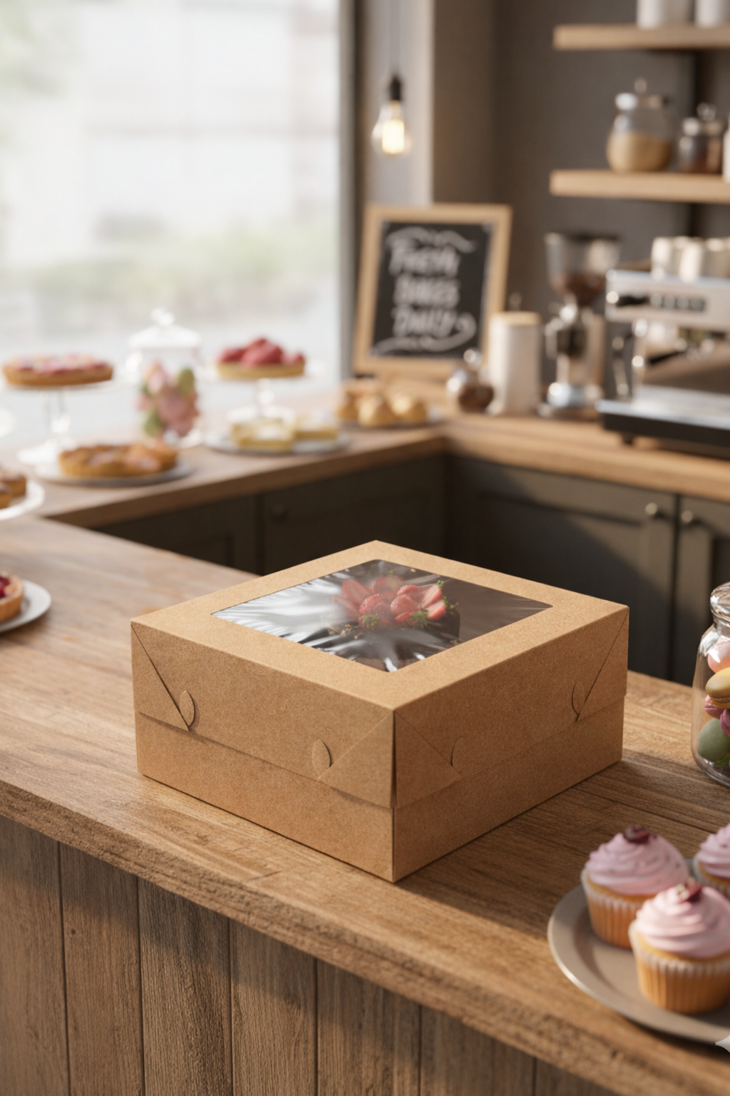 علب كيك من ورق الكرافت مزودة بنوافذ (5 أحجام)
