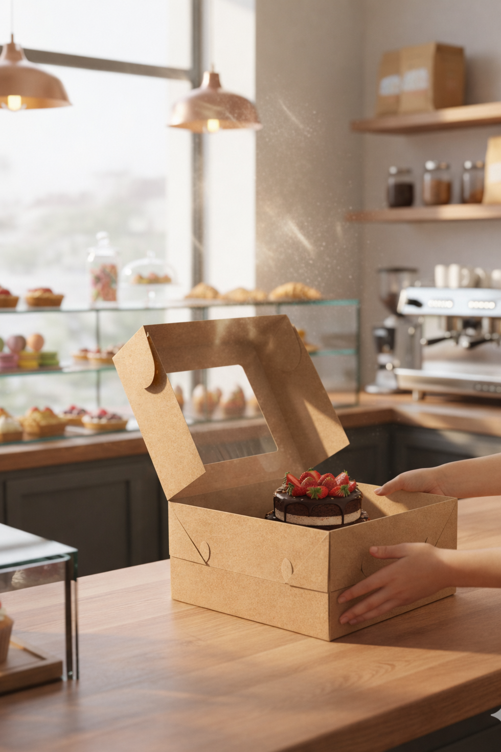 علب كيك من ورق الكرافت مزودة بنوافذ (5 أحجام)