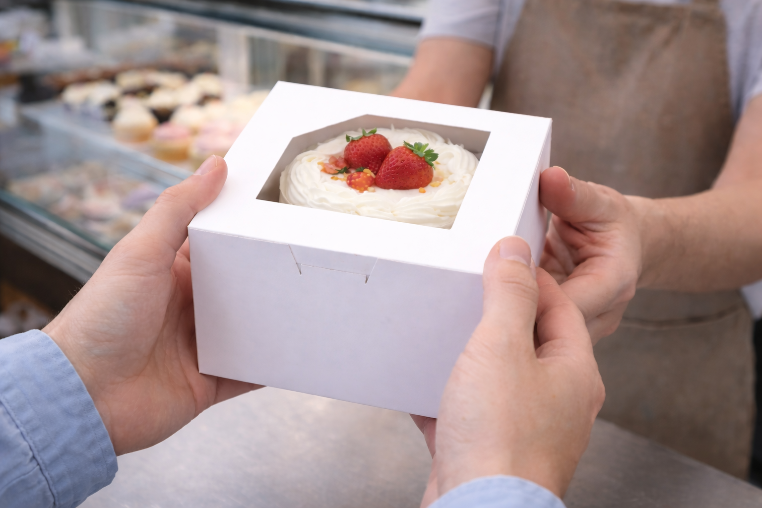 علب كيك ورقية بيضاء مزودة بنوافذ (5 أحجام)