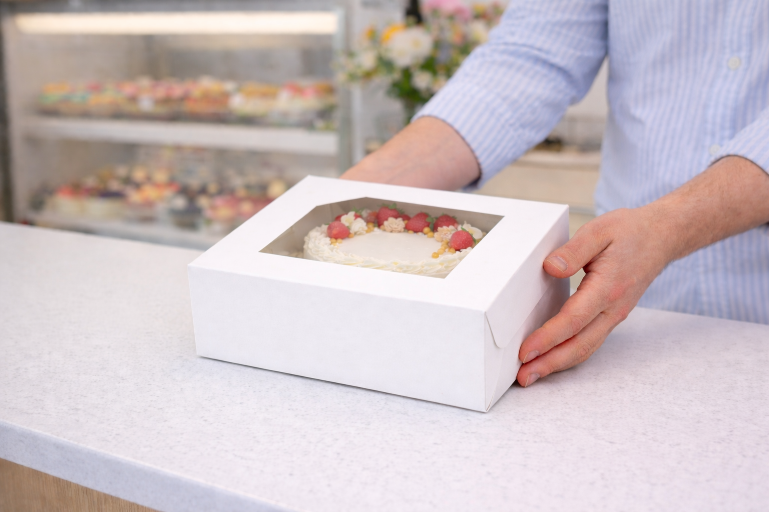 علب كيك ورقية بيضاء مزودة بنوافذ (5 أحجام)