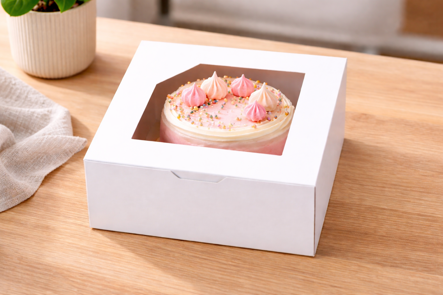 علب كيك ورقية بيضاء مزودة بنوافذ (5 أحجام)