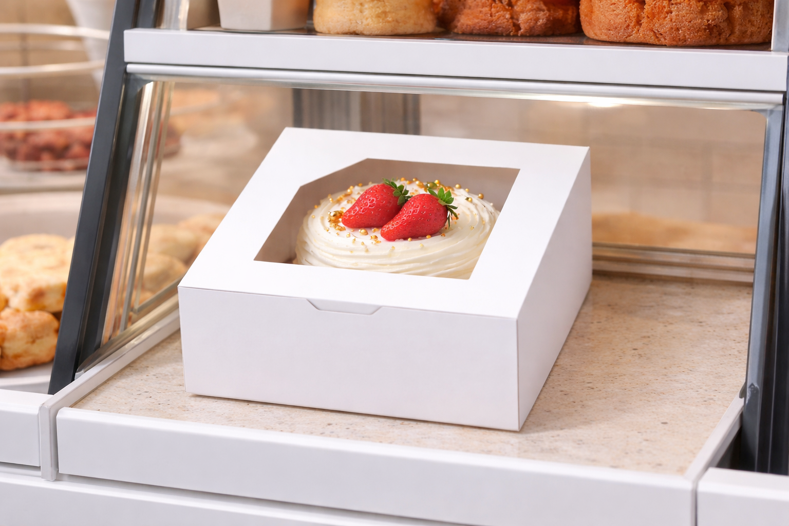 علب كيك ورقية بيضاء مزودة بنوافذ (5 أحجام)