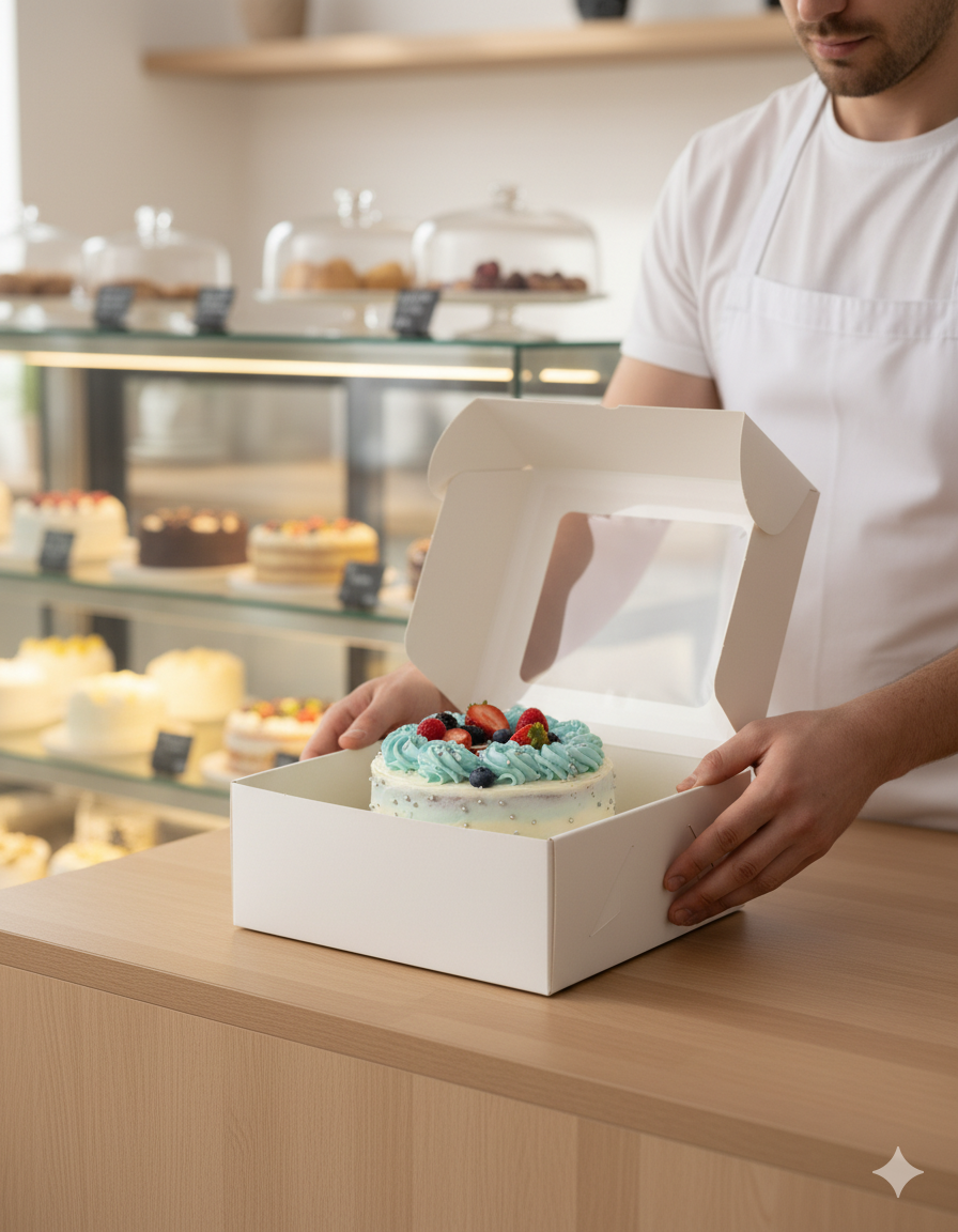 علب كيك ورقية بيضاء مزودة بنوافذ (5 أحجام)