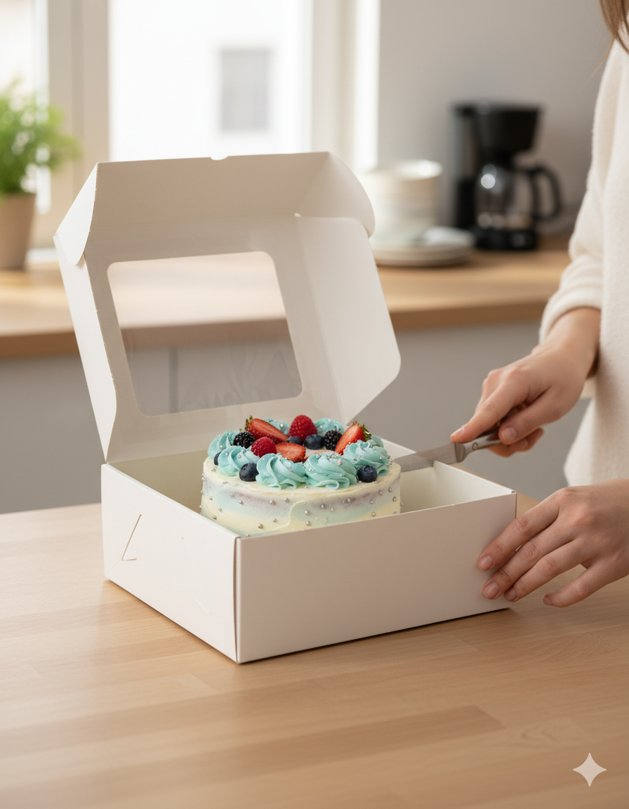 علب كيك ورقية بيضاء مزودة بنوافذ (5 أحجام)