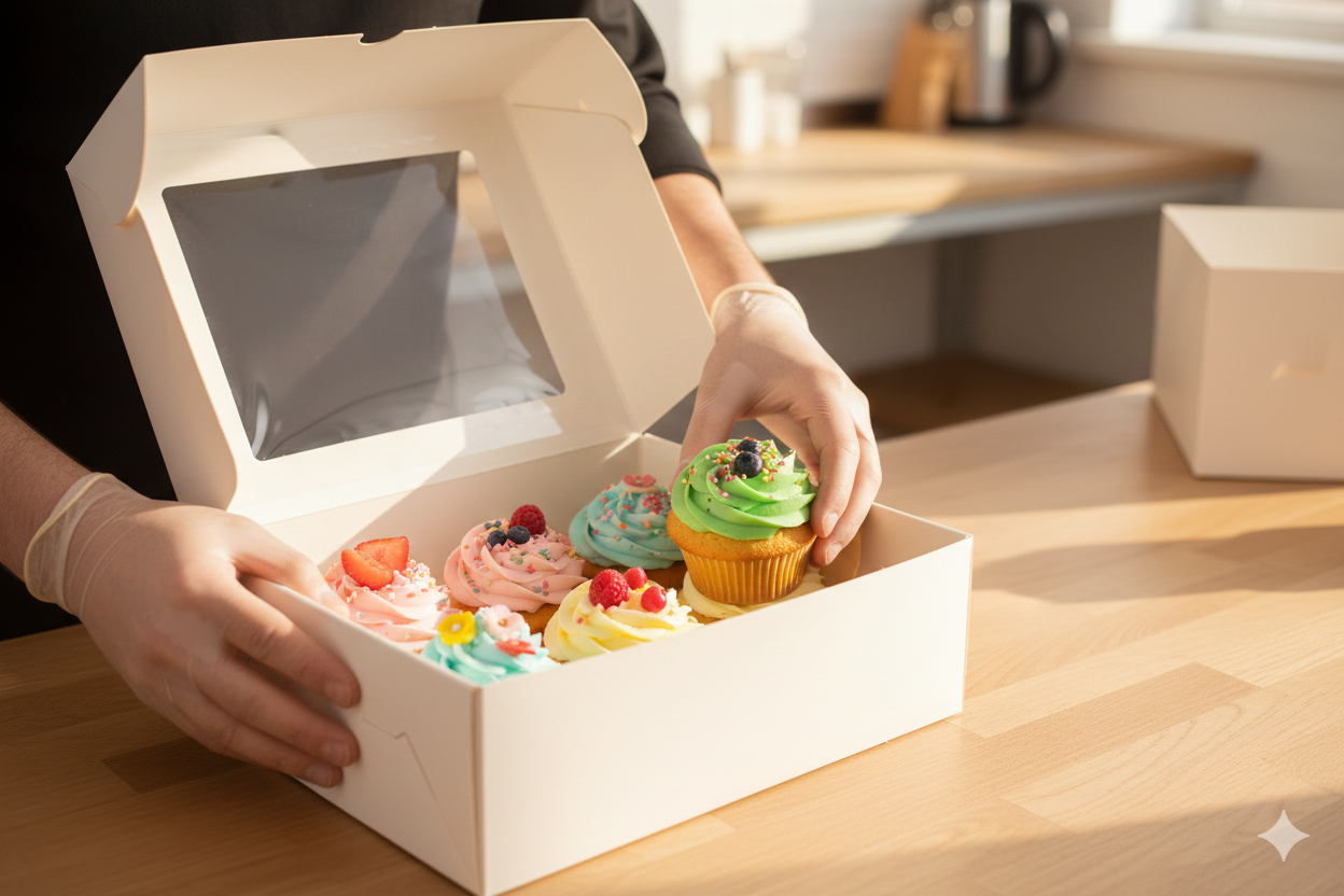 علب كيك ورقية بيضاء مزودة بنوافذ (5 أحجام)