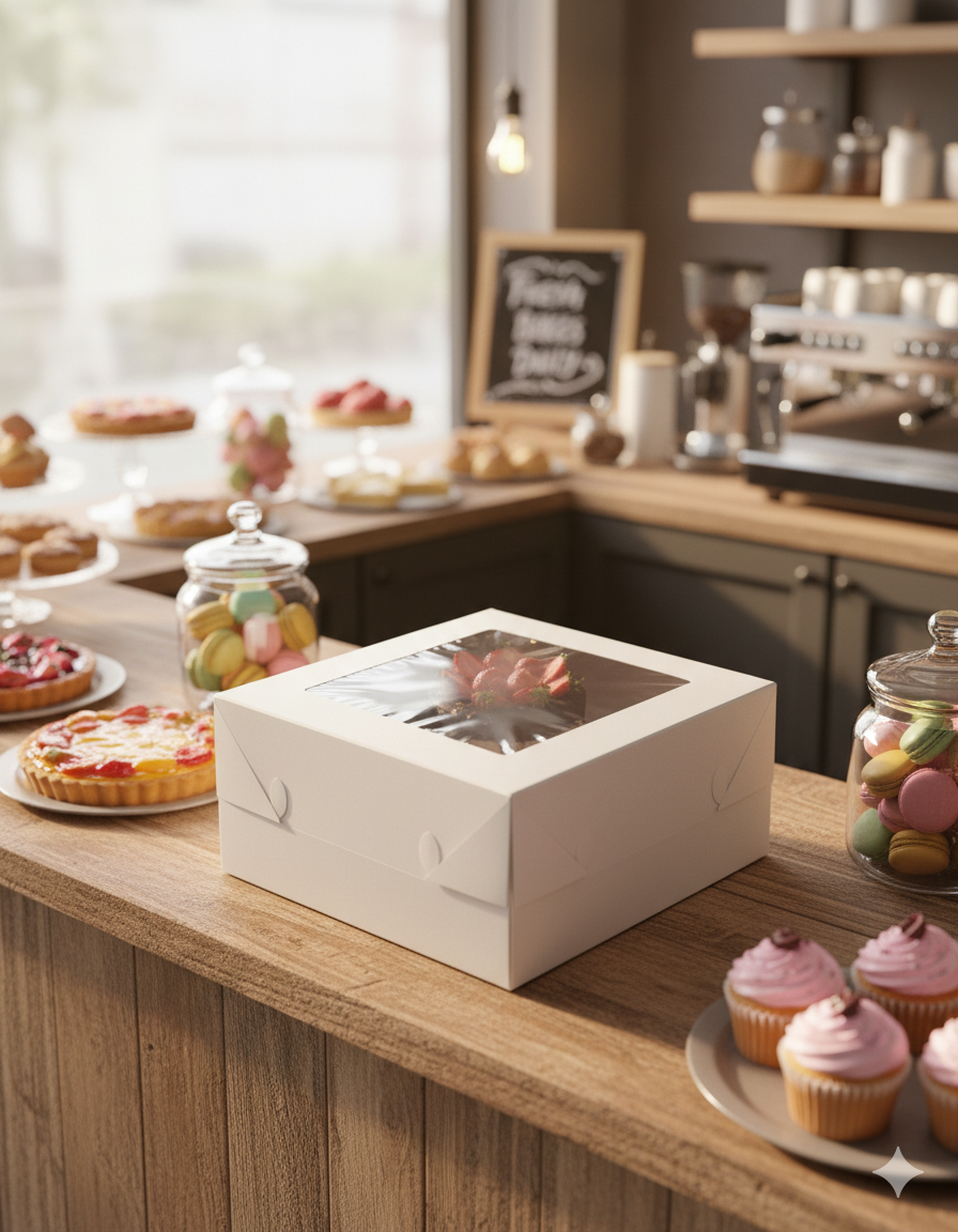 علب كيك ورقية بيضاء مزودة بنوافذ (5 أحجام)