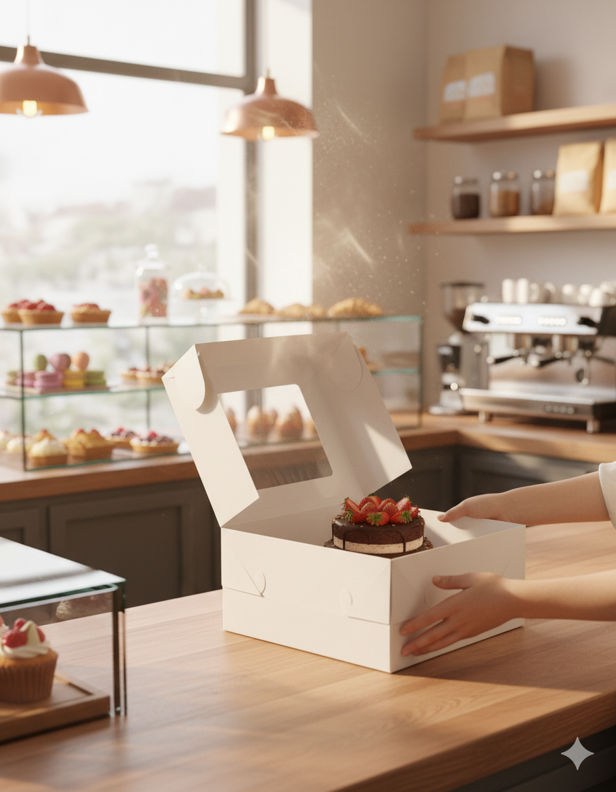 علب كيك ورقية بيضاء مزودة بنوافذ (5 أحجام)