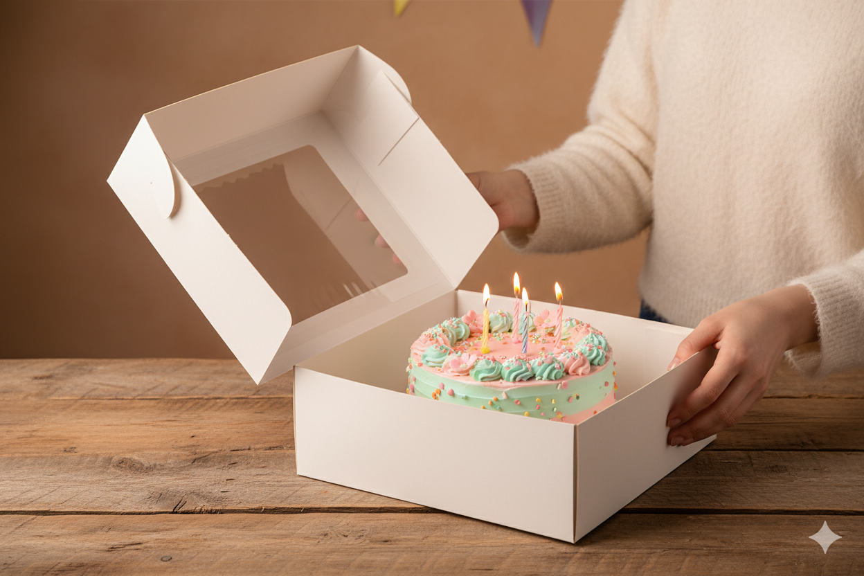 علب كيك ورقية بيضاء مزودة بنوافذ (5 أحجام)