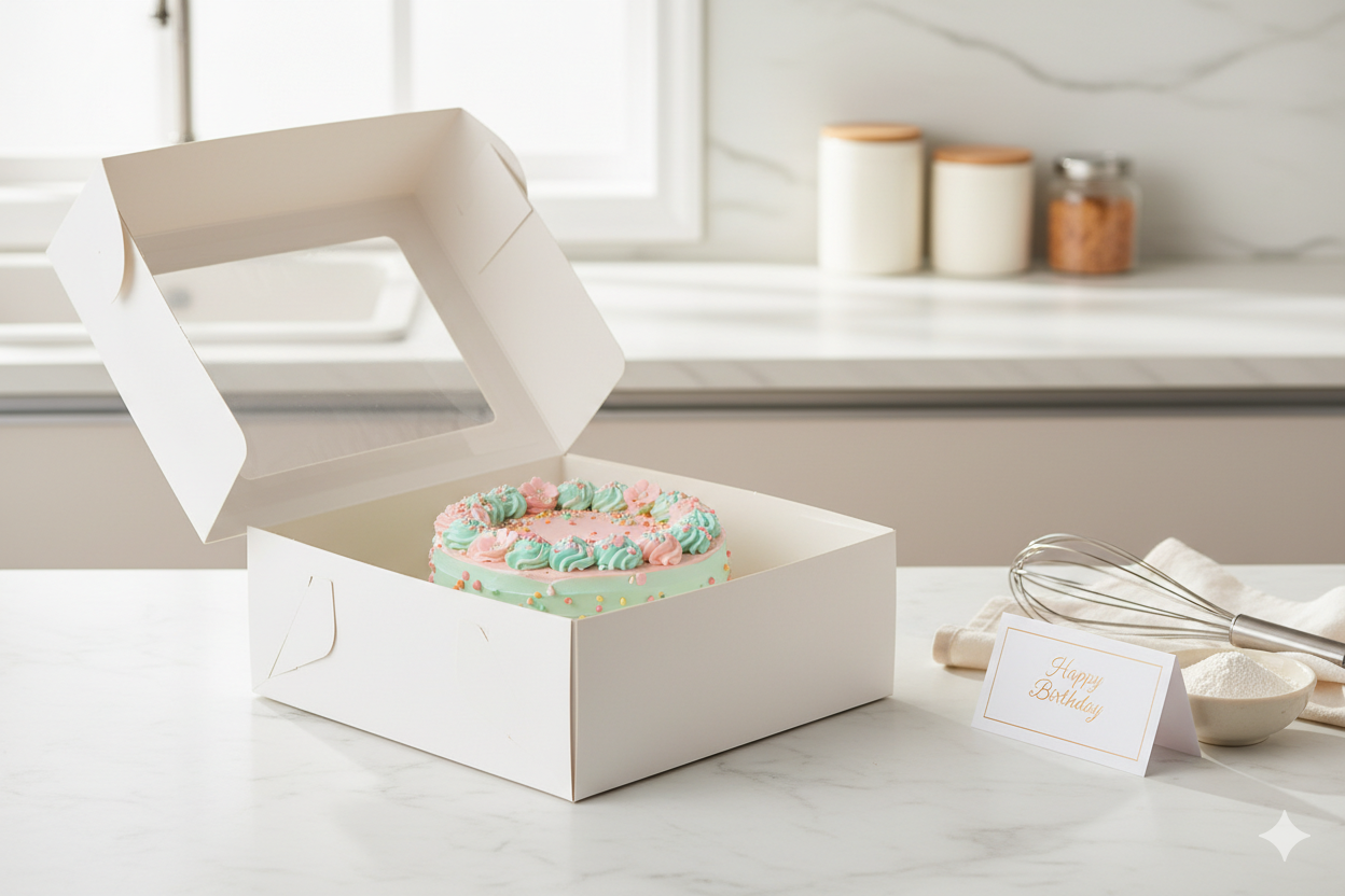 علب كيك ورقية بيضاء مزودة بنوافذ (5 أحجام)