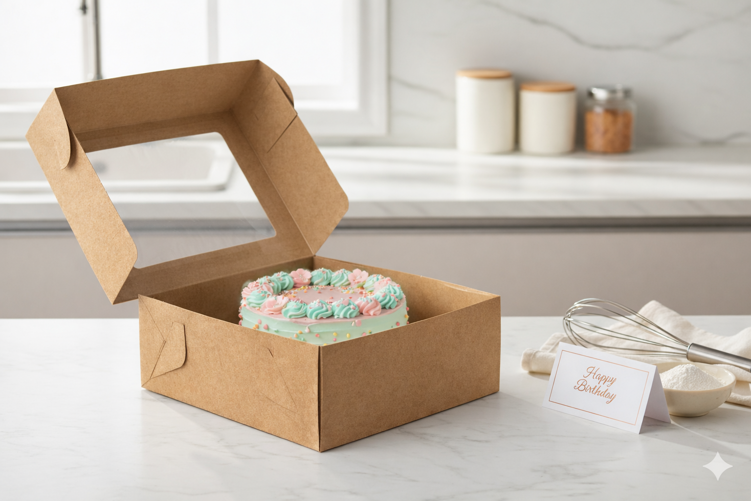 علب كيك من ورق الكرافت مزودة بنوافذ (5 أحجام)