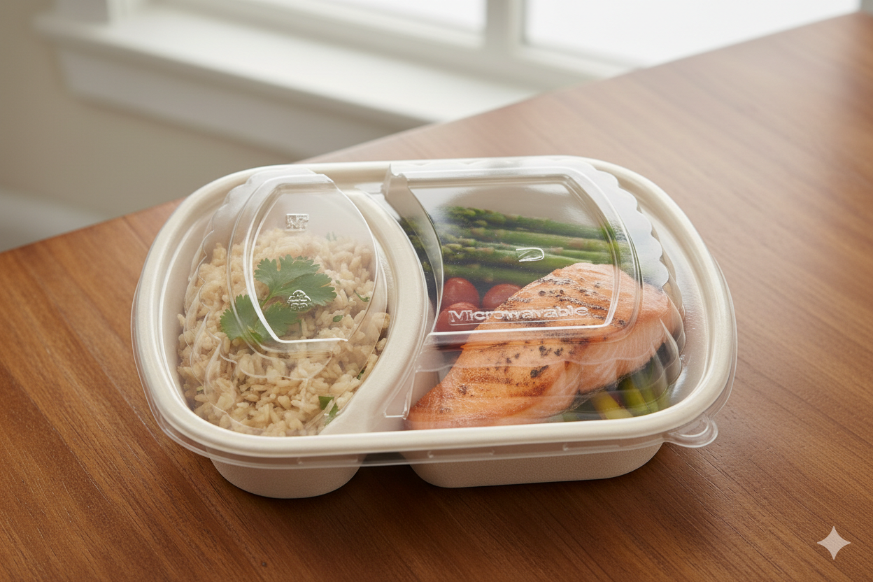 Clear PP Lids for Compostable Paper Containers  32oz - 2 Partition