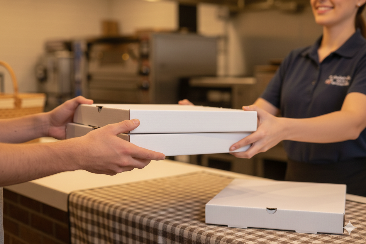 علب بيتزا بيضاء (صغيرة، متوسطة، كبيرة، كبيرة جدًا)