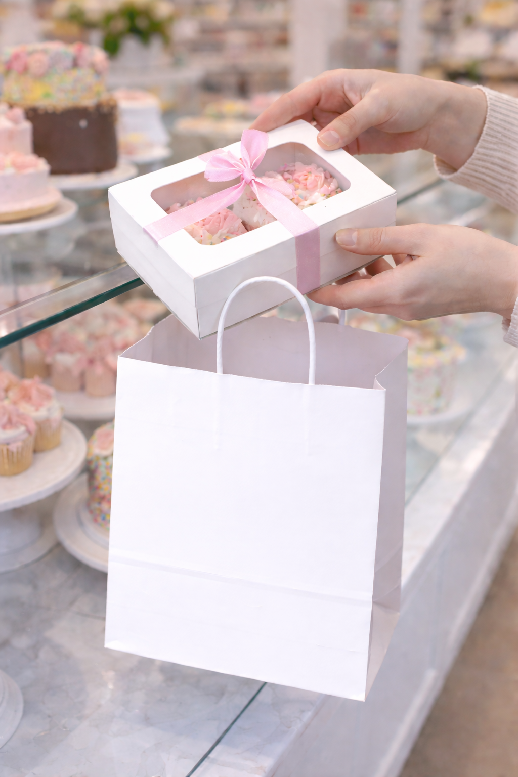 أكياس ورقية بيضاء مربعة القاع بمقابض ملتوية