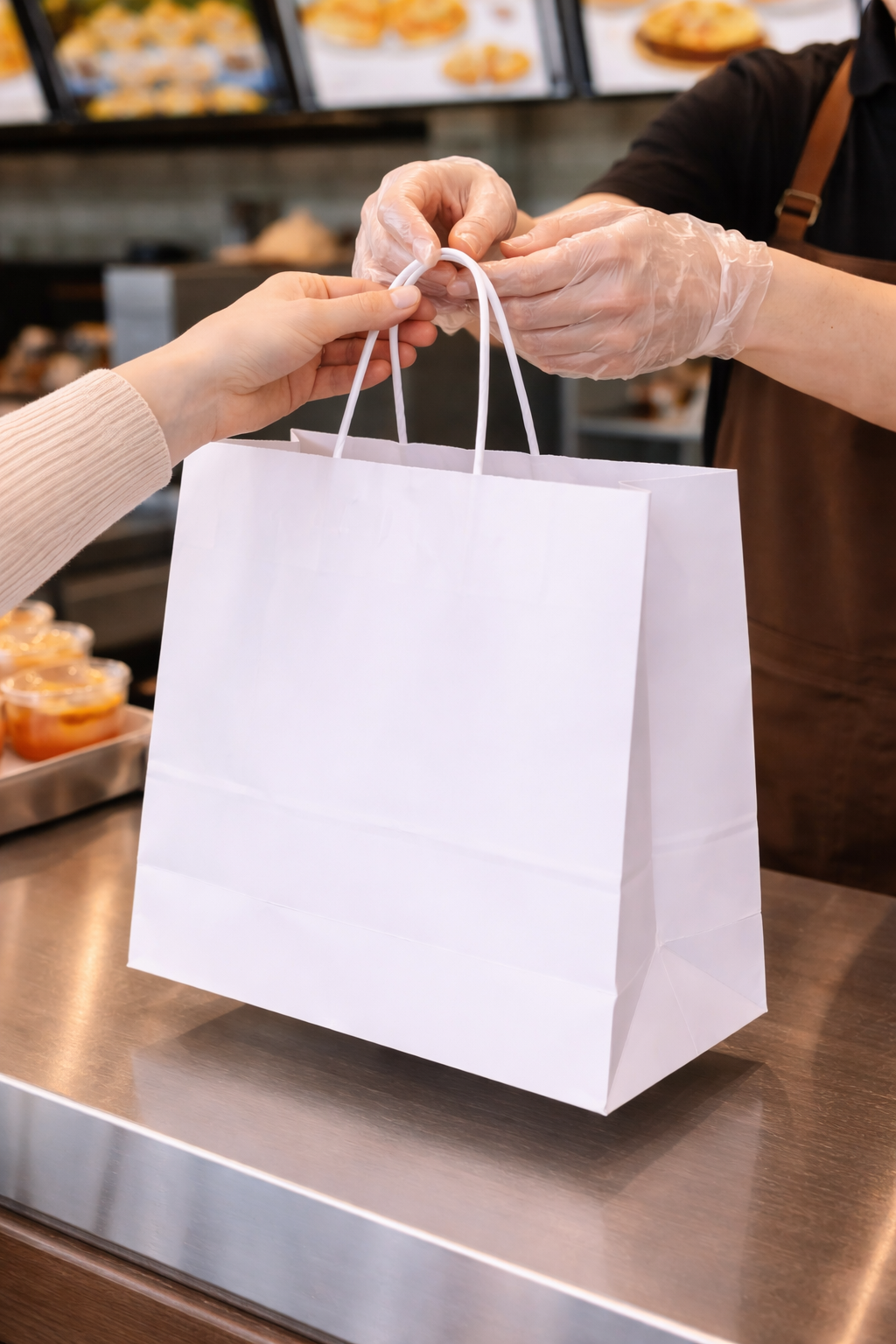 أكياس ورقية بيضاء مربعة القاع بمقابض ملتوية