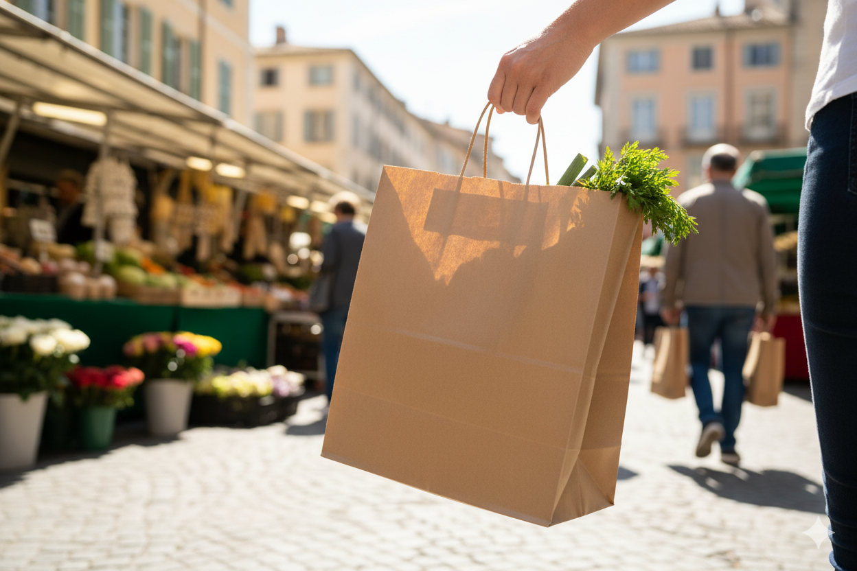 أكياس ورقية بنية اللون ذات قاعدة مربعة ومقابض ملتوية