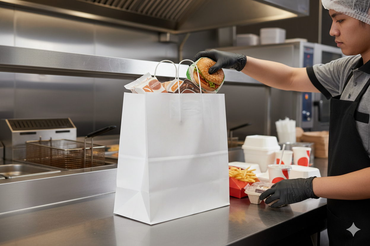 أكياس ورقية بيضاء مربعة القاع بمقابض ملتوية