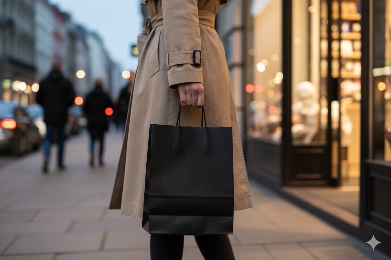 أكياس ورقية سوداء مربعة القاع بمقابض ملتوية