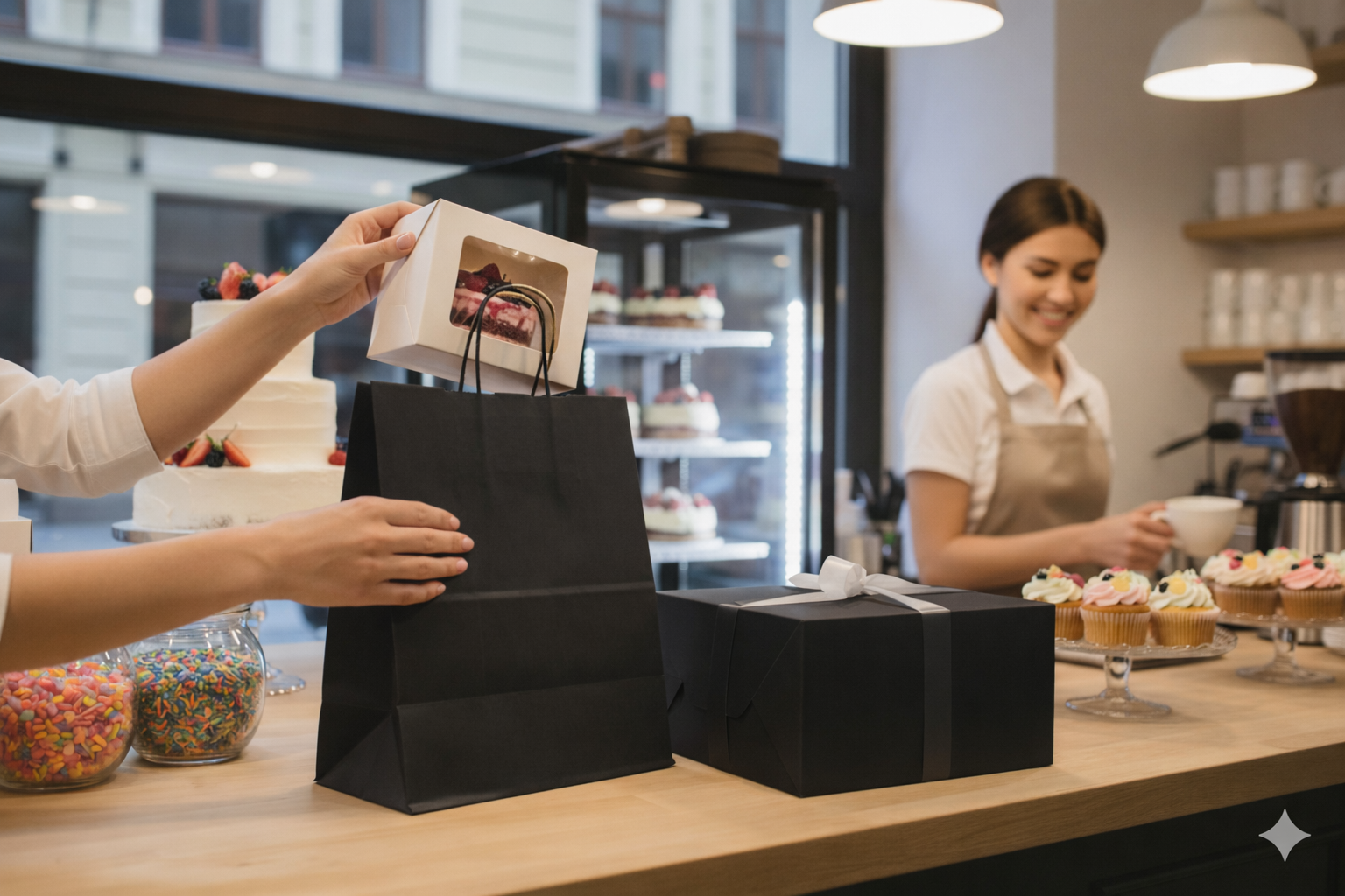 أكياس ورقية سوداء مربعة القاع بمقابض ملتوية