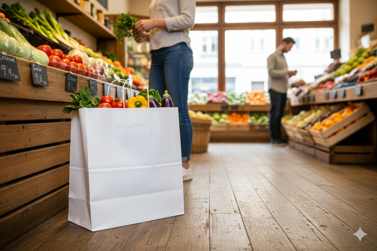 أكياس ورقية بيضاء مربعة القاع بمقابض ملتوية