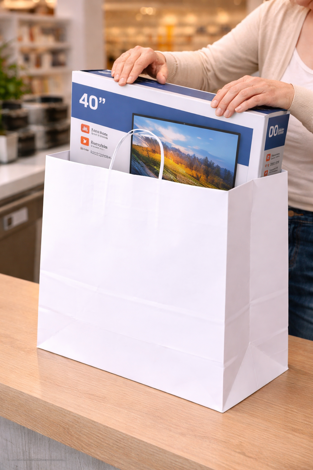 أكياس ورقية بيضاء مربعة القاع بمقابض ملتوية