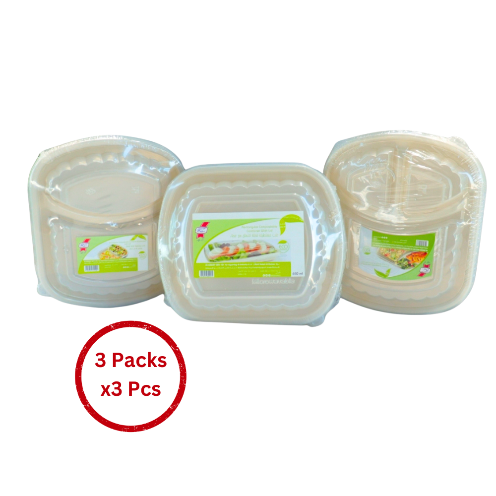 Compostable Containers with Lid Plain + 2-Compartment + 3-Compartment (3 pcs of each type)