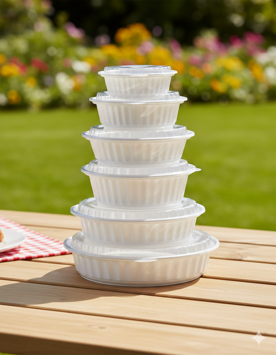 علب بلاستيك مايكرويف دائرية بيضاء مع أغطية (16/24/32/40/48/64)
White PP Round Microwavable Containers with Lids 