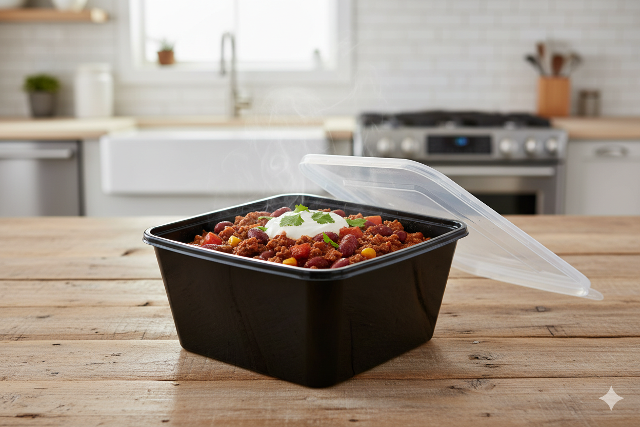 علب بلاستيك مايكرويف مستطيلة أسود مع أغطية 
Black PP Microwavable Plastic Containers with Lids (32oz)